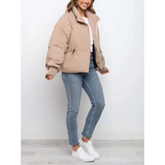 Women’s Khaki Winter Cropped Coat Short Warm Imported Quilted Puffer Jacket - Picture 3 of 6